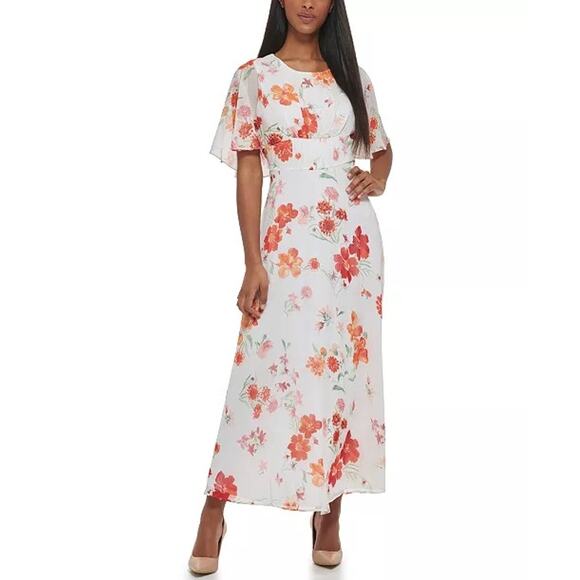 Calvin Klein floral Flutter sleeve Maxi dress white floral Sz 2 Feminine modest - Picture 1 of 12
